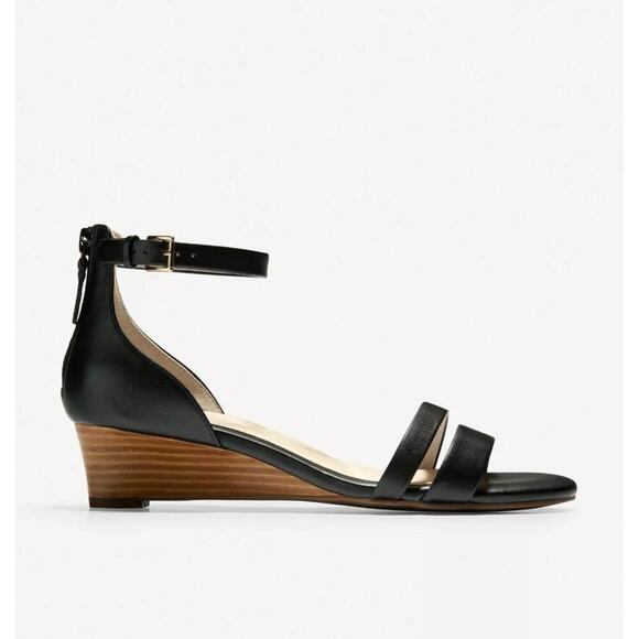 Women's Cole Haan Abriella 7M Leather Wedge Sandals Low Heel Classy Black Office - Picture 10 of 11